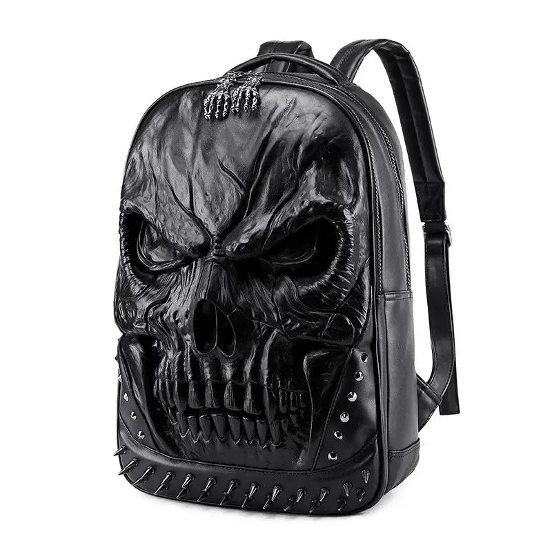 Thick Leather Casual Travel Backpack With 3D Skull Design