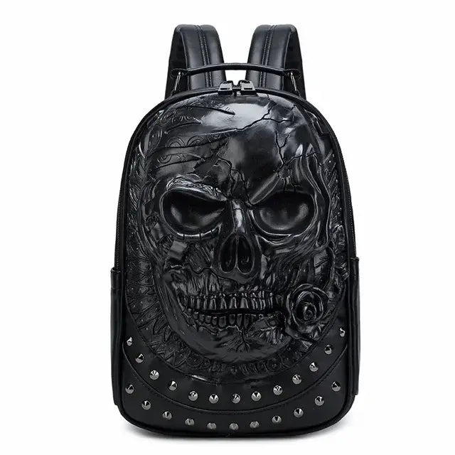 Thick Leather Casual Travel Backpack With 3D Skull Design