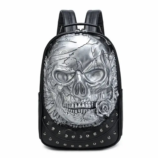 Thick Leather Casual Travel Backpack With 3D Skull Design