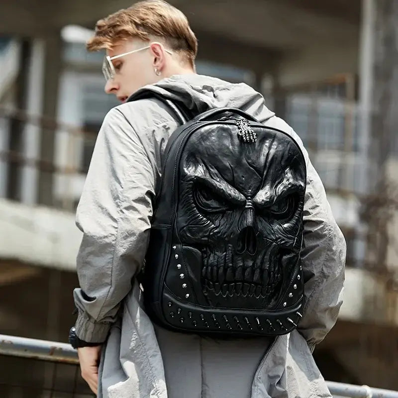 Thick Leather Casual Travel Backpack With 3D Skull Design