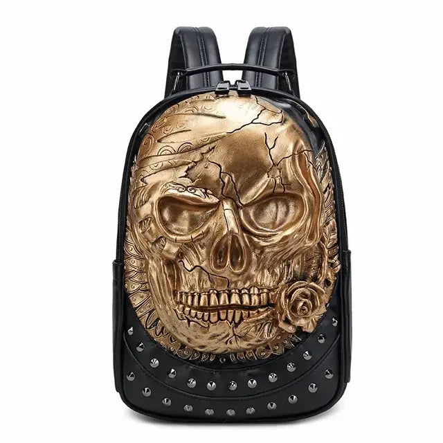 Thick Leather Casual Travel Backpack With 3D Skull Design