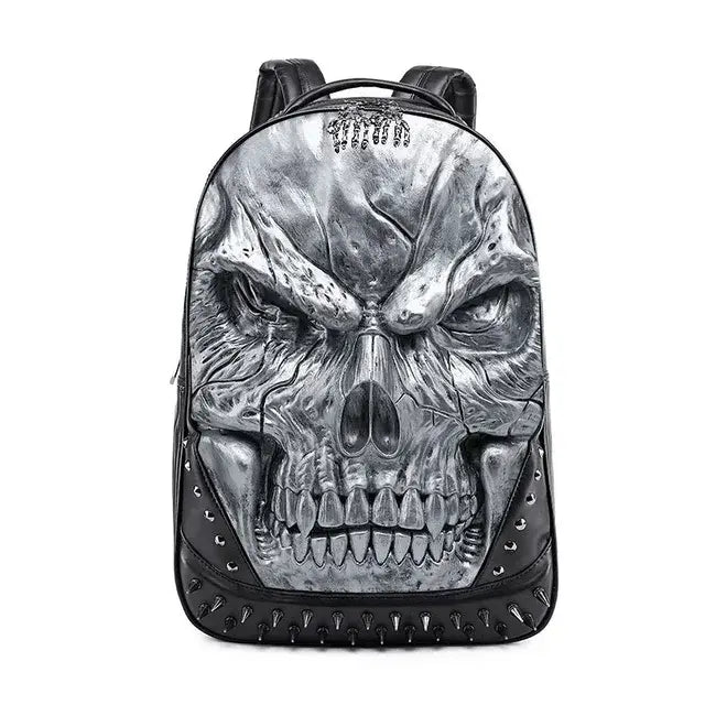 Thick Leather Casual Travel Backpack With 3D Skull Design