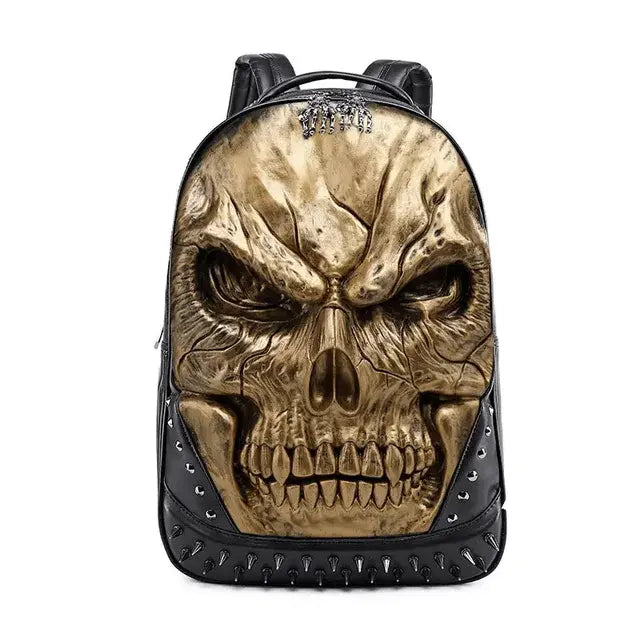 Thick Leather Casual Travel Backpack With 3D Skull Design